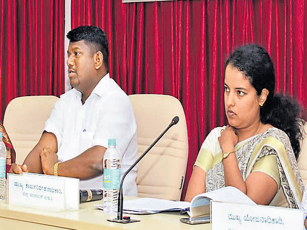 Udupi ZP president Dinakar Babu, Deputy Commissioner Priyanka Mary Francis at the zilla panchayat meeting on Wednesday.