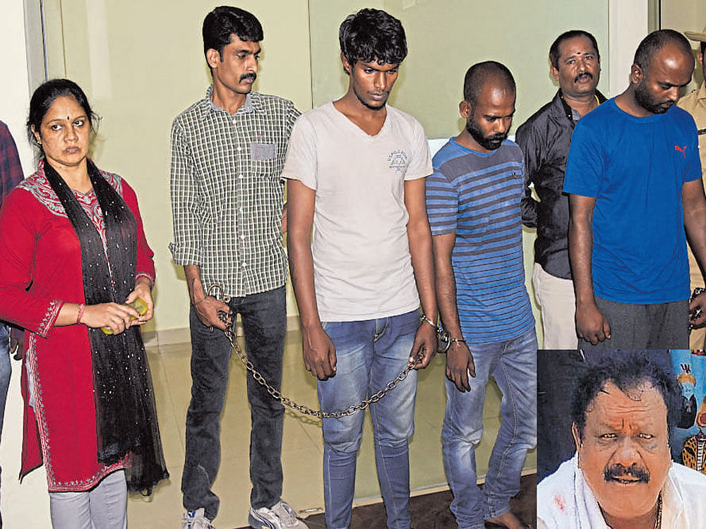 Doreen Kumar (left) and three other suspects at the police commissioner's office on Wednesday. (Inset) G Kumar, the murdered moneylender. DH photos