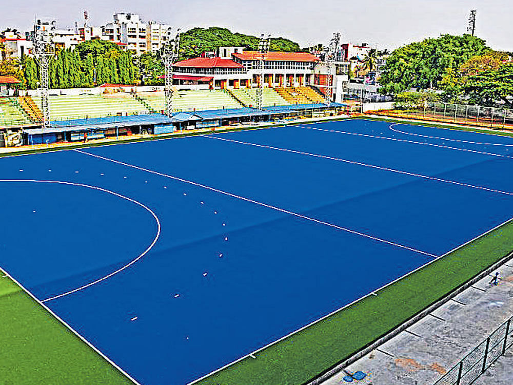all set The newly laid blue hockey turf at the hockey  stadium in&#8200;Bengaluru. DH photo