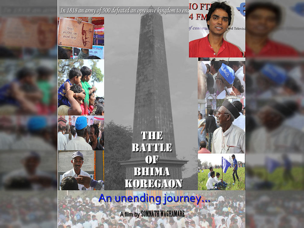 A poster of the documentary 'The Battle of Bhima Koregaon - An Unending Journey' and (inset) filmmaker Somnath Waghmare.