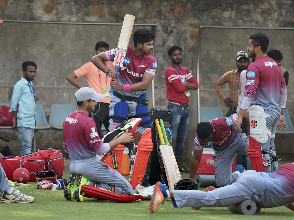 Delhi Daredevils players druing a practice session ahead of their T20 IPL match against Kings XI Punjab in New Delhi on Friday. PTI Photo