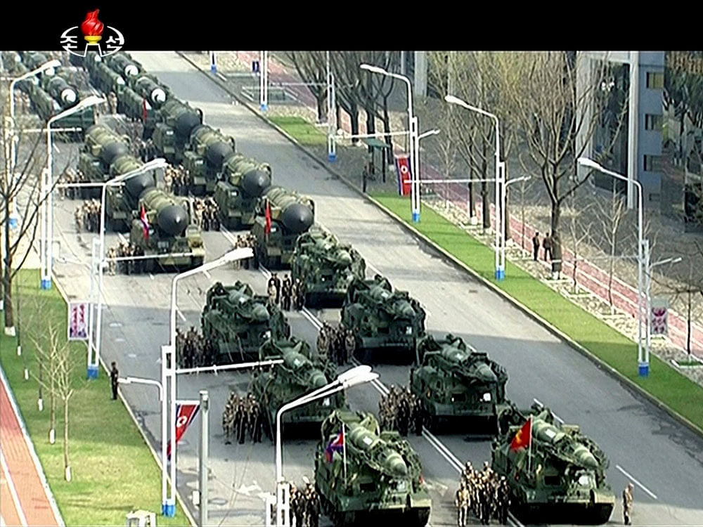 In this image made from video broadcast by North Korean broadcaster KRT, military vehicles prepare for a parade at Kim Il Sung Square in Pyongyang, Saturday, April 15, 2017. North Korean leader Kim Jong Un has appeared in a massive parade in the capital, Pyongyang, celebrating the birthday of his late grandfather and North Korea founder Kim Il Sung. AP/PTI Photo