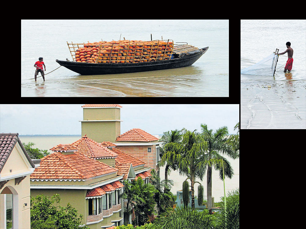 mode of transport Earthen pots being ferried across River Hooghly. day's catch A fisherman at work. by the water A view of Diamond Harbour from a distance. Photos by author