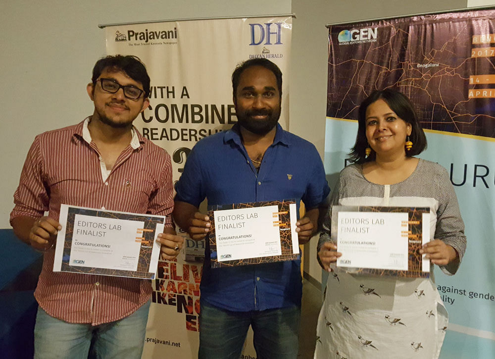 Animesh Saraswat, Nikhil Raj and Shrabonti Bagchi, the  winners of Bengaluru Editors Lab, a unique journalism hackathon, pose with certificates. DH photo
