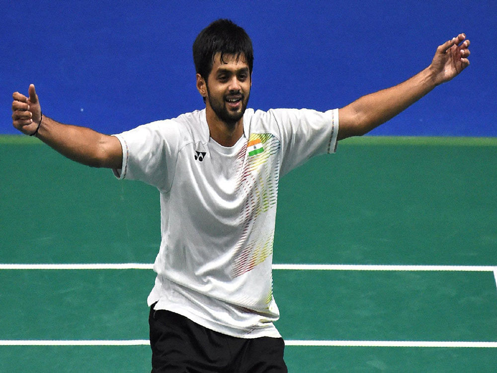 B Sai Praneeth upstaged compatriot K Srikanth to clinch the Singapore Open men's singles title, his maiden Super Series trophy, here today. Picture courtesy Twitter