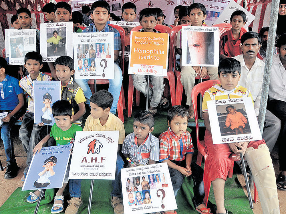 As annual treatment cost runs into several lakhs, Haemophilia patients have been urging the government over the years to ensure subsidised drugs and treatment. A&#8200;DH&#8200;file photo of Haemophilia patients staging a protest in Bengaluru, seeking better treatment facilities.