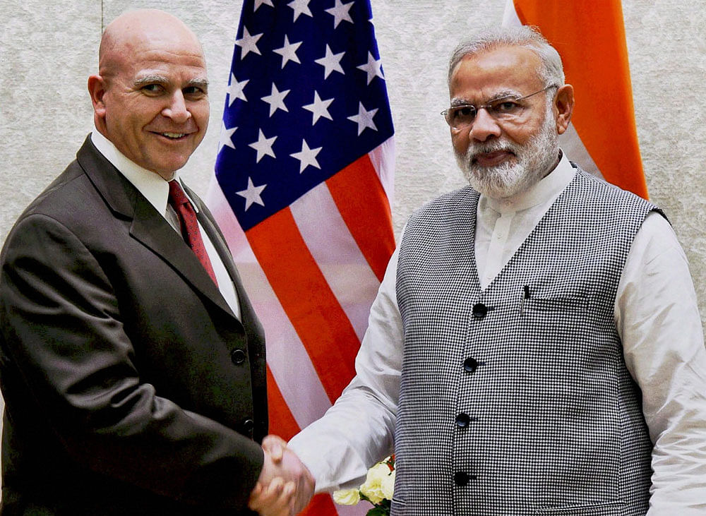 Prime Minister Narendra Modi shakes hands with US NSA HR McMaster during a meeting in New Delhi on Tuesday. Press Trust of India Photo/Press Information Bureau Photo