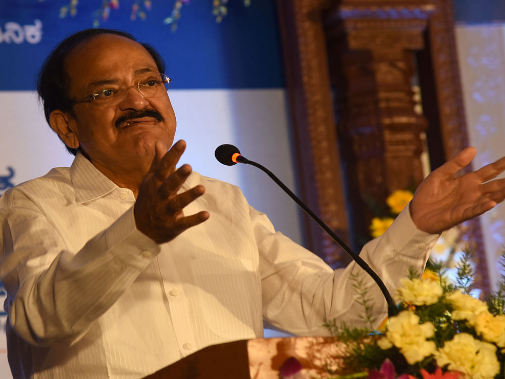 M Venkaiah Naidu, Union Minister for Information and Broadcasting, Urban Development, housing and Urban Development Alleviation addressing at All India Public Communications Workshop, organised by Department of Information and Public Relation at Lalith Ashok in Bengaluru on Friday. Photo Credit: Deccan Herald