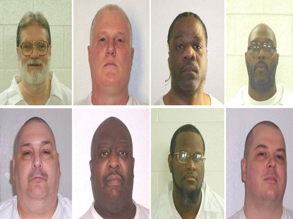 Inmates Bruce Ward(top row L to R), Don Davis, Ledell Lee, Stacy Johnson, Jack Jones (bottom row L to R), Marcel Williams, Kenneth Williams and Jason Mcgehee are shown in these booking photo provided March 21, 2017. Courtesy Arkansas Department of Corrections/Handout via Reuters.