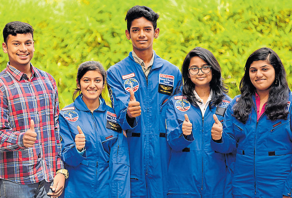 (From left) Arjun Nair (Sri Kumaran PU College), Anusha Jain (Jain College), Nizam Kurile (Whitefield Global School), Vaishnavi Calambakkam Kandavelu (SSMRV PU College) and Naomi Varghese (CMR PU College) who were selected for the  programme hosted by US Space & Rocket Centre in Huntsville, Alabama.