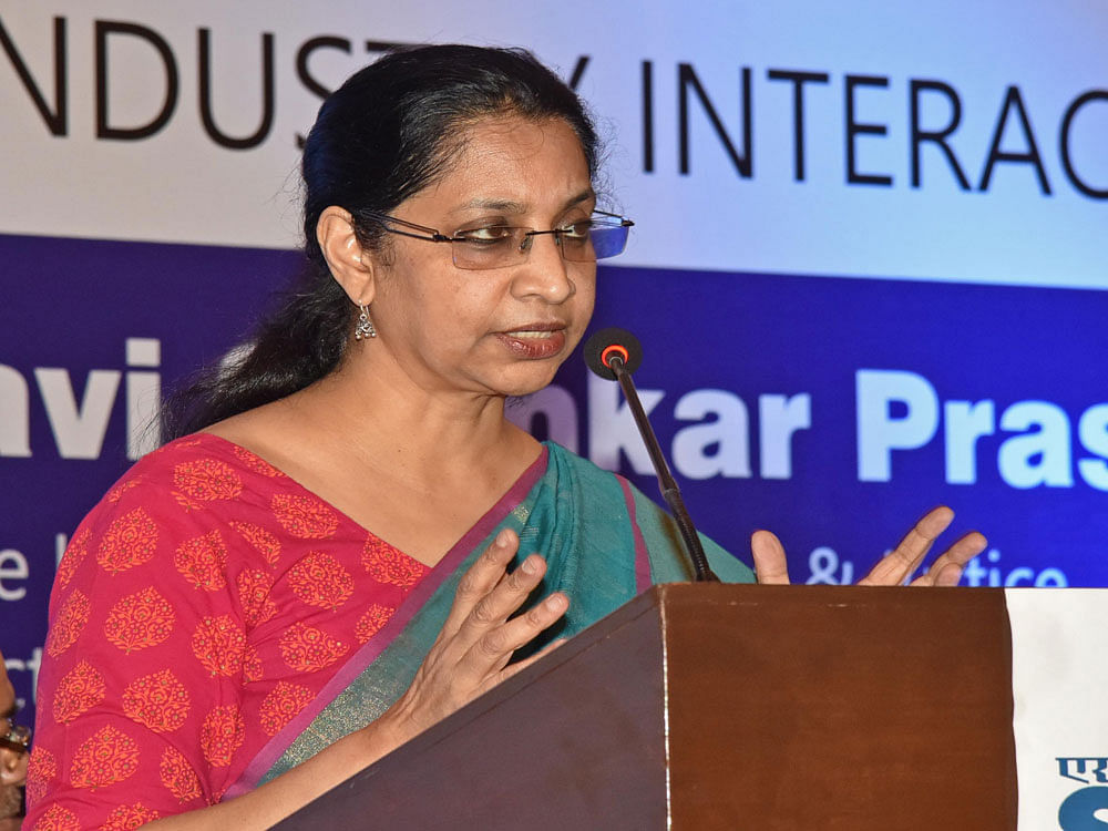 Aruna Sundararajan, Secretary MeitY speaking at IT ESDM industry interactive meet organised by Software Technology Parks of India(STPI) at ITC Gardenia in Bengaluru on Saturday. DH Photo