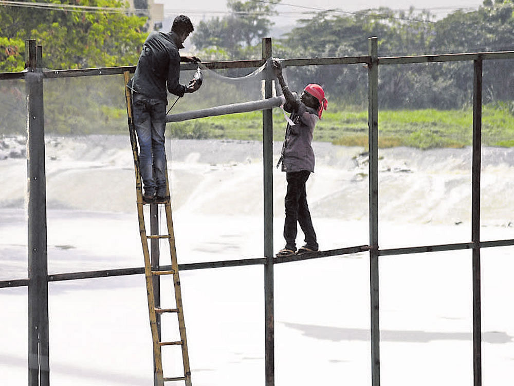 Workers put up mesh across Bellandur Lake on Saturday.