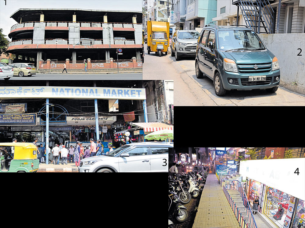 1. The multi-level parking lot on JC Road has not been used optimally by the  public; 2. Footpath parking is the norm in most residential  areas; 3.3.  Basements of many  commercial complexes in  Gandhinagar are occupied  by shops; 4. 4.  Building bye-law  violations are rampant in  Indiranagar. Basements have turned shopping zones. DH PHOTOS / JANARDHAN B K &  SHIVAKUMAR B H