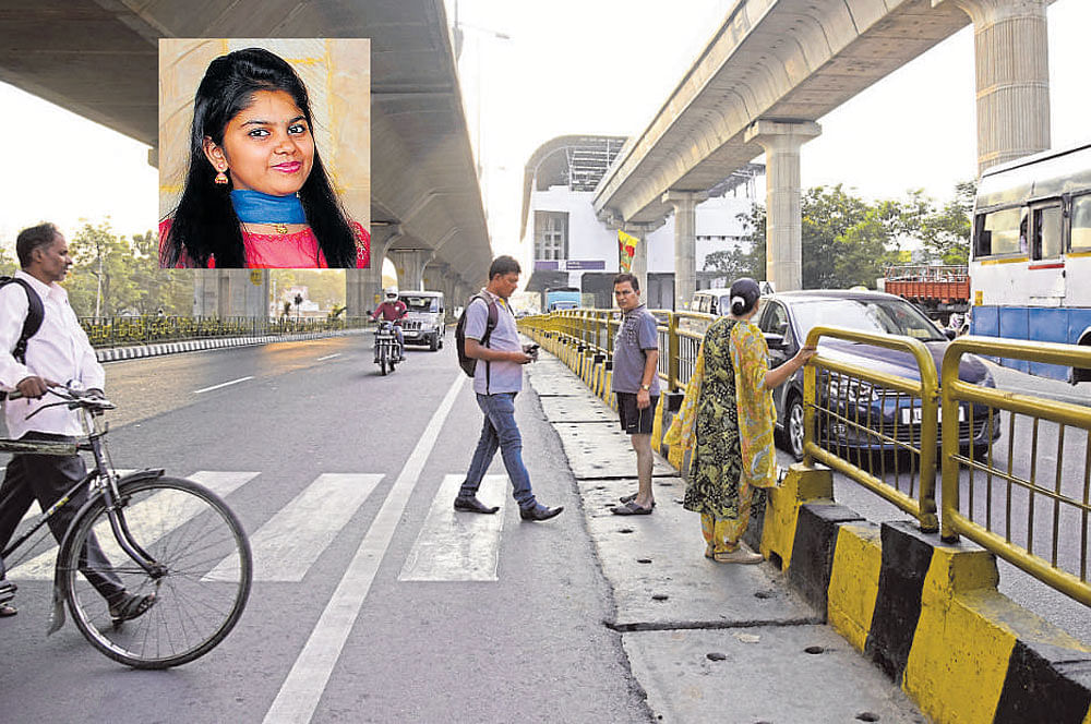People cross the national highway in front of the Nagasandra Metro station on Sunday. Pooja (inset), who was killed in an accident while crossing the road recently. dh photo