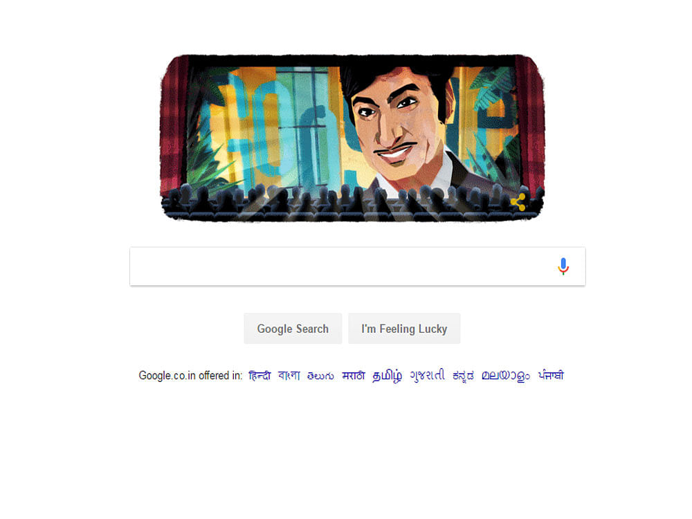 On the 88th birth anniversary of Rajkumar, search engine Google has paid tribute to the noted Kannada actor with a special doodle. The image shows Rajkumar on the big screen in a movie theatre with the audience watching him.