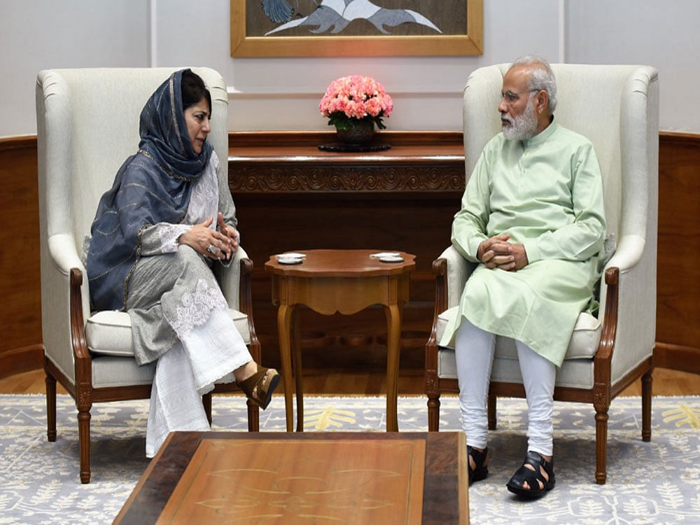 Jammu and Kashmir Chief Minister Mehbooba Mufti meeting Prime Minister Narendra Modi. Picture courtesy ANI