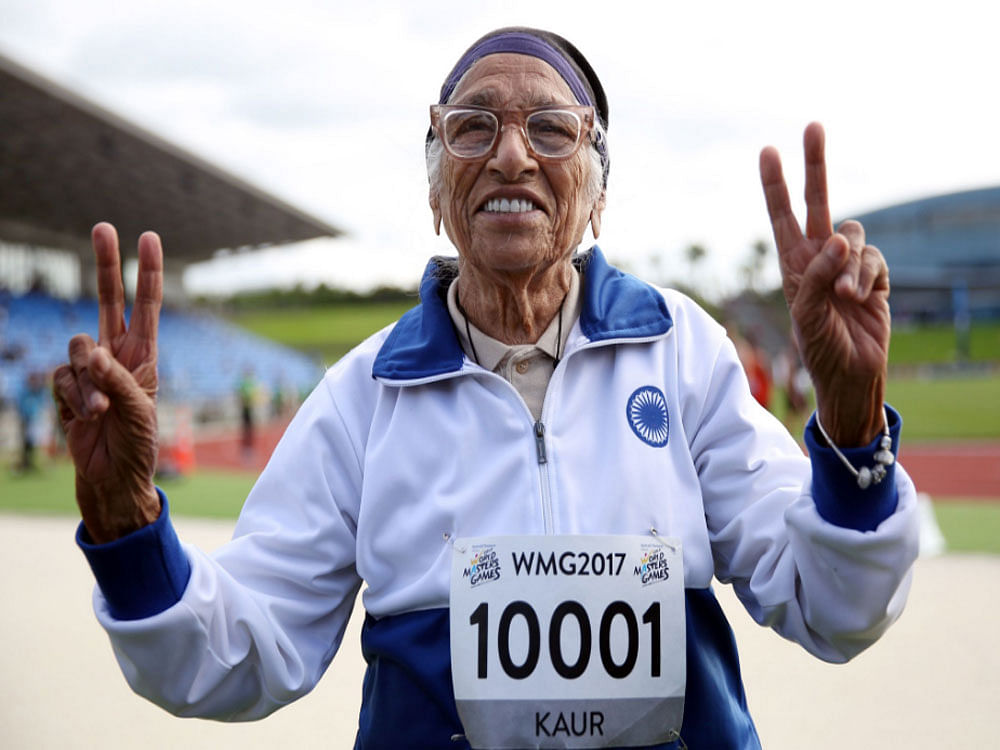 With a jaunty victory dance, 101- year-old Man Kaur celebrated winning the 100 metres sprint at the World Masters Games in Auckland on Monday, the 17th gold medal in the Indian athlete's remarkable late-blooming career.  Picture courtesy Twitter