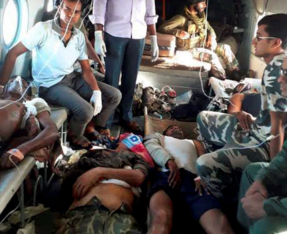 Injured CRPF being brought to Raipur for treatment on Monday follwing a Maoist attack at Burkapal near Chintagufa in Bastar. The attack occurred at two places at a place called Burkapal. PTI Photo