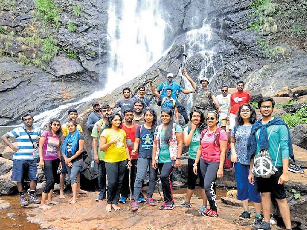passionate bunch One of the recent treks conducted by 'Adventure Adda' to 'Kemmangudi Hebbe Falls.