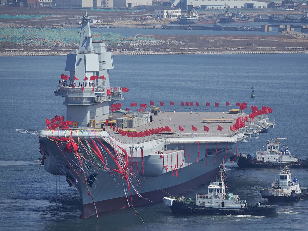 China's first domestically built aircraft carrier is seen during its launching ceremony in Dalian. Reuters photo