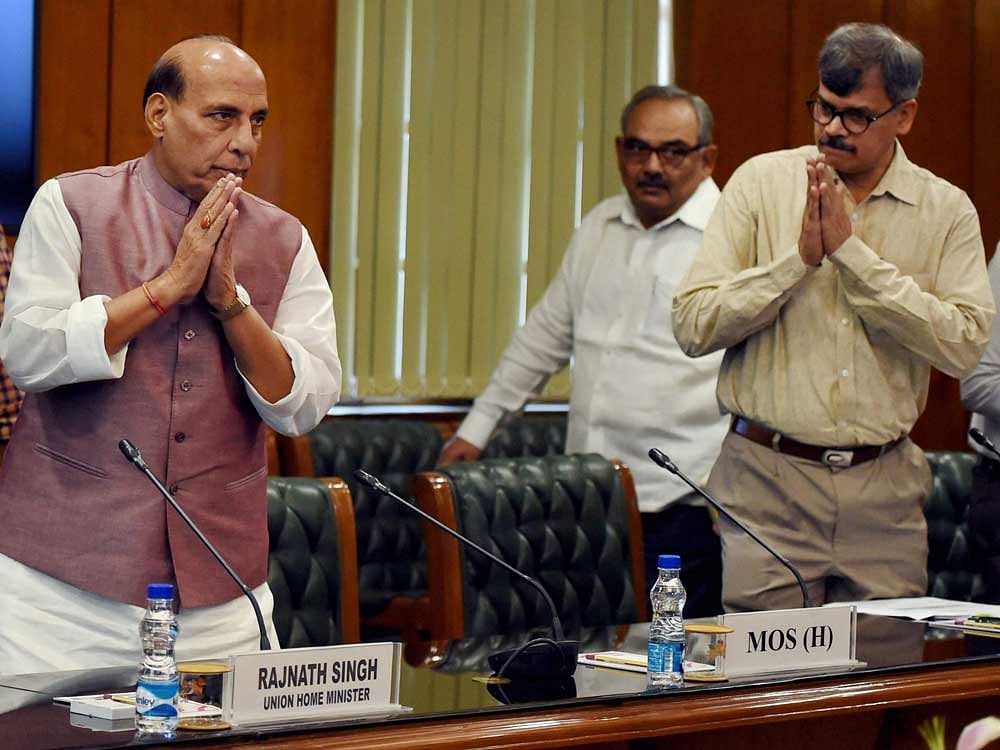Home Minister Rajnath Singh during the review meeting of Prime Minister's Development Package (PMDP-2019) for Jammu & Kashmir at North Block in New Delhi on Thursday. PTI Photo