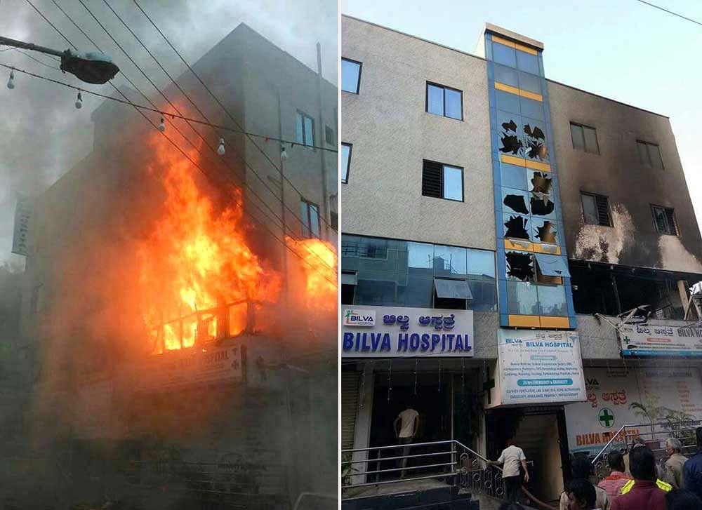 Tension prevailed for a while at Bilva Hospital at Vyalikaval in the wee hours of Saturday after fire broke out on the  second floor of the hospital. DH photo