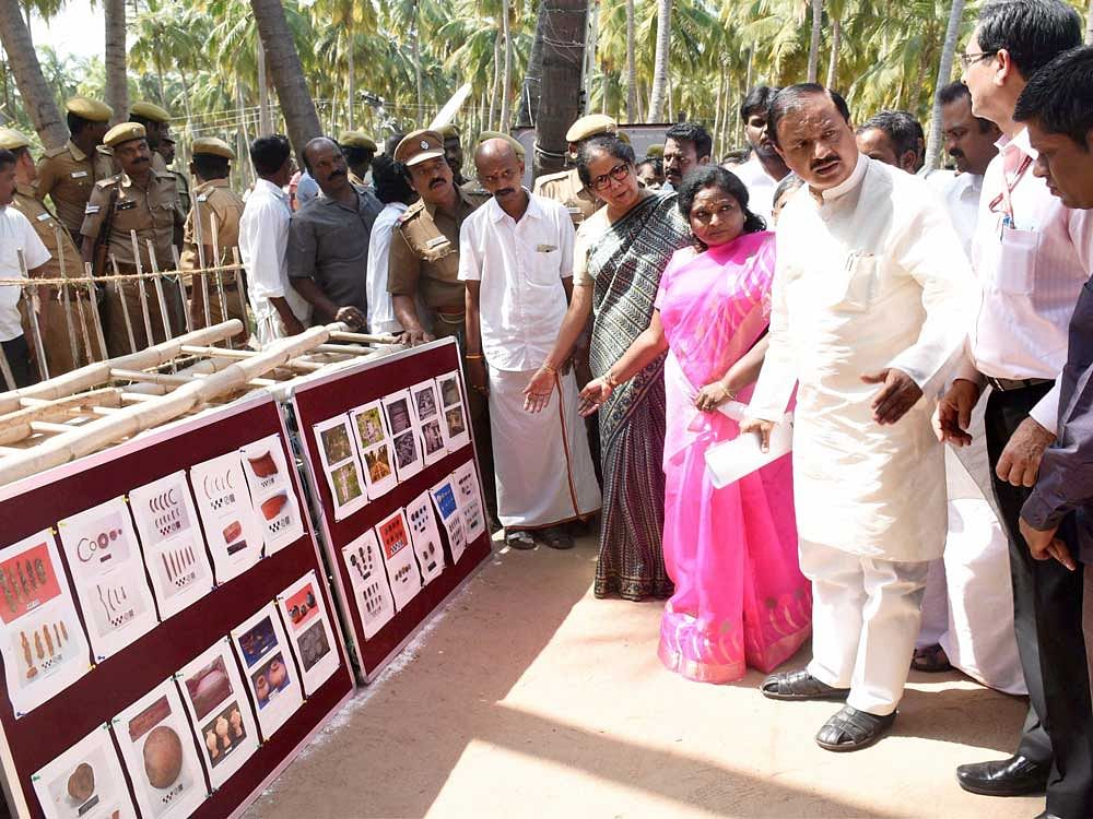 Union Minister of State for Culture and Tourism Mahesh Sharma and Union Minister of State for Commerce and Industry Nirmala Sitharaman and BJP state president Tamilisai Soundararajan viewing the pictures of the artifacts excavated from the Keezhadi Archeological site in Madurai on Friday. PTI Photo