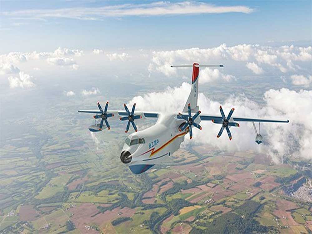 Designed to be the world's largest amphibious aircraft, the 37-meter AG600 with a wingspan of 38.8 meters, has a maximum take-off weight of 53.5 tonnes. It can collect 12 tonnes of water in 20 seconds, and transport up to 370 tonnes of water on a single tank of fuel, state-run Xinhua news agency reported. Picture courtesy Twitter