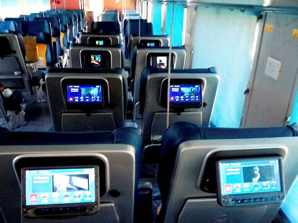 Seats of Tejas Express coaches is equipped with LCD screens. Tejas Express, a new service, to be lanched by the Railways in June 2017,in New Delhi. PTI Photo