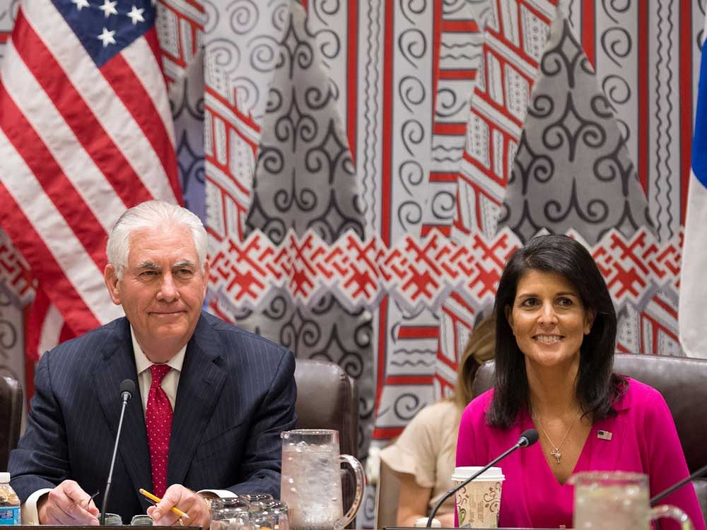 Rex Tillerson and U.S. Ambassador to the United Nations Nikki Haley hold a trilateral meeting with with Japanese Foreign Minister Fumio Kishida and South Korean Foreign Minister Yun Byung-se at the United Nations in New York
