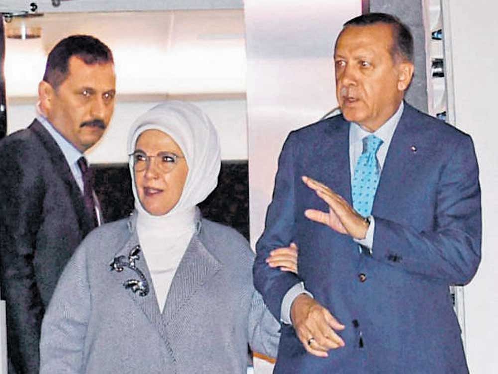 Turkish President Recep Tayyip Erdogan and his wife  Emine Erdogan upon their arrival at AFS Palam in  New Delhi on Sunday. PTI