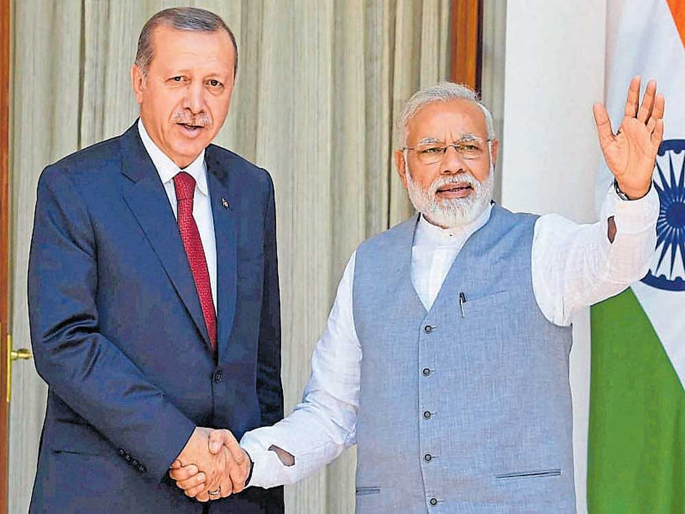 Prime Minister Narendra Modi with Turkish President Recep Tayyip Erdogan at Hyderabad House in New Delhi on Monday. PTI