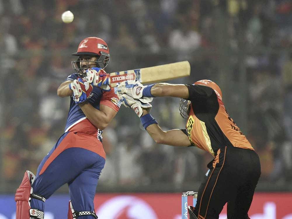 Delhi Daredevils batsman Karun Nair plays a shot during an IPL match between Delhi Daredevils and Sunrisers Hyderabad in New Delhi on Tuesday. PTI Photo