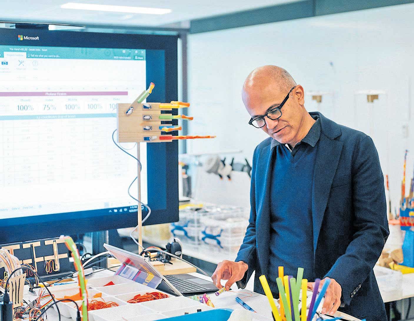 Satya Nadella, chief executive of Microsoft, in the company's Hacking STEM team lab at Microsoft headquarters in Redmond, Washington. The company's relevance in schools in the US is in jeopardy after years of progress by Google. NYT