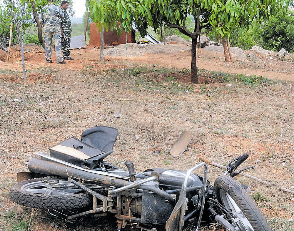 The motorbike belonging to  CRPF jawan Nayak, which the wild elephant damaged  as it went on the rampage near the Bannerghatta National Park early on Sunday morning. dh Photo