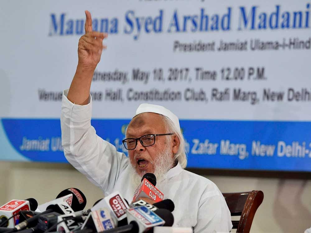 Jamiat Ulema-e-Hind President Maulana Syed Arshad Madani address during a press conference on promotion of communal harmony, national integration and for protection of nationality of Assamese Hindu and Muslims, in New Delhi on Wednesday. PTI Photo