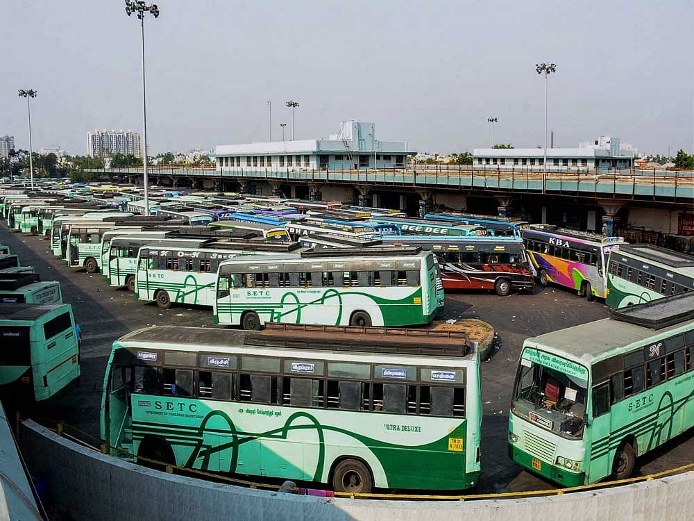 City buses parked at a bus terminus following a strike by transport unions over various demands in Chennai on Monday. PTI Photo