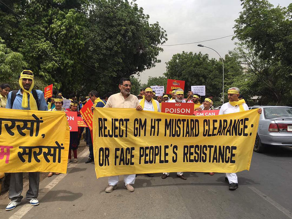 A number of farmers' unions, organic farming community and students also took part in the protest and called for a nationwide outrage if the approval of GM mustard crop for commercial use was not rolled back with immediate effect. Photo credit Twitter.