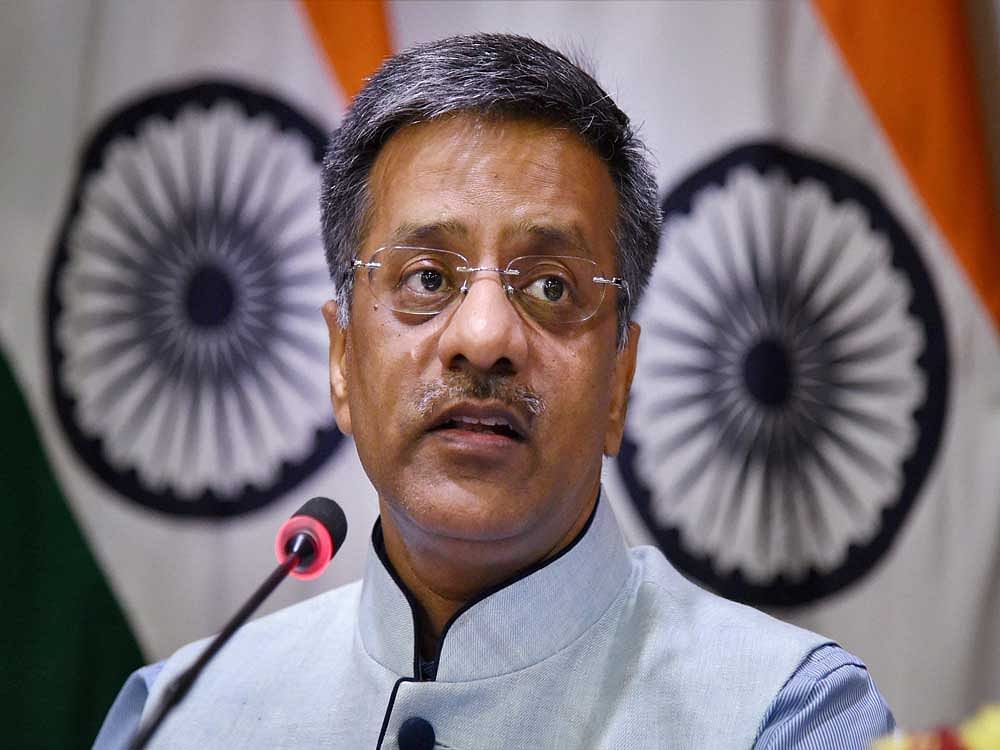 Gopal Baglay, Spokesperson of the Ministry of External Affairs, addressing a press conference regarding Kulbhushan Jadhav's death row issue, in New Delhi on Thursday. PTI Photo