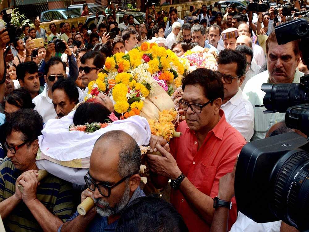 People from film fraternity attending the funeral procession of actress Reema Lagoo in Mumbai on Thursday. PTI Photo