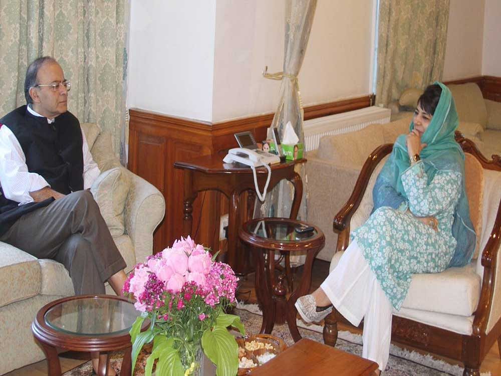 Jammu and Kashmir Chief Minister Mehbooba Mufti met Finance Minister Arun Jaitley in Srinagar on Thursday and sought restructuring of credit facility to local businesses which suffered huge losses due to the unrest in the Valley last year. Picture courtesy Twiteer