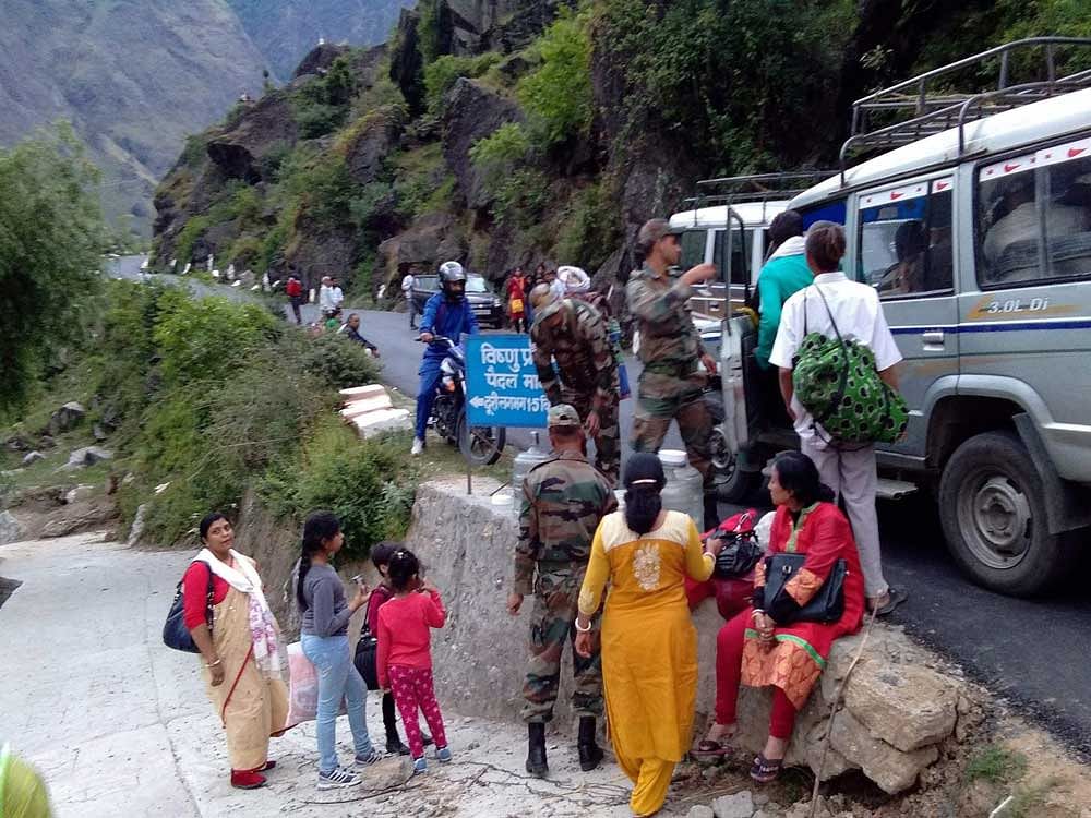 Hundreds of pilgrims are feared stranded after a occurred near Vishnuprayag on the Badrinath route, Uttarakhand on Friday.  PTI Photo