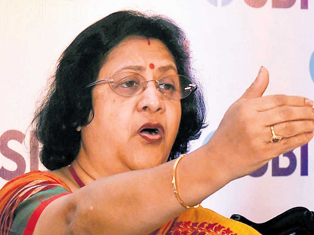 SBI Chairman Arundhati Bhattacharya announcing the financial results for FY 2017 in Kolkata on Friday. PTI