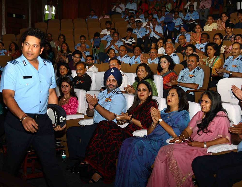 Tendulkar also met and greeted the families of the Armed Forces present for the screening. Courtesy: Twitter