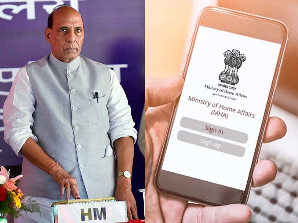 Home Minister Rajnath Singh inaugurating the "BSFMyApp" at a function in New Delhi earlier this month. PTI Photo. Right: The BSFMyApp. Photo courtesy Twitter