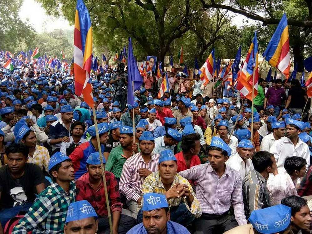 The protestors demanded that cases be registered against those who had perpetrated violence against dalits on May 9. They also demanded that the affected families be awarded a compensation of Rs 10 lakh. Photo courtesy: P L Punia, Twitter
