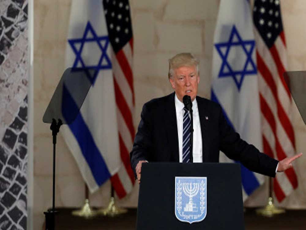 U.S. President Donald Trump, talks on a podium at the Israel Museum in Jerusalem May 23, 2017. REUTERS