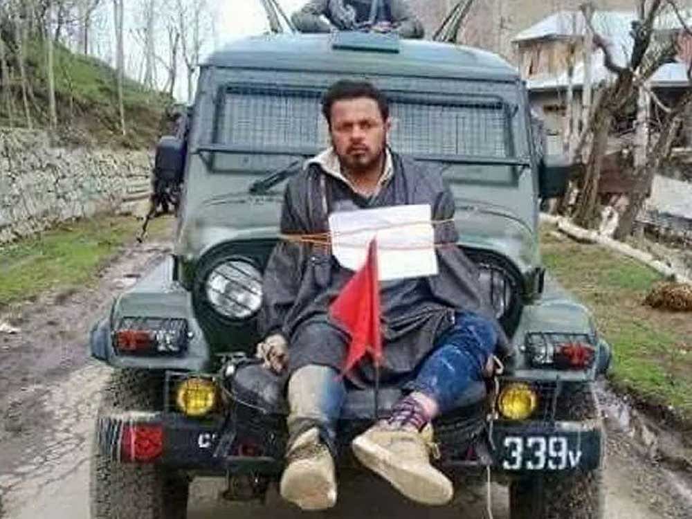 He was on his way back after casting his vote when he came across Major Leetul Gogoi, who is said to have tied him to the jeep's bonnet as a shield against the stone pelters who had allegedly surrounded a group of armed personnel. Photo courtesy Twitter. In Picture: Farooq Ahmed Dar