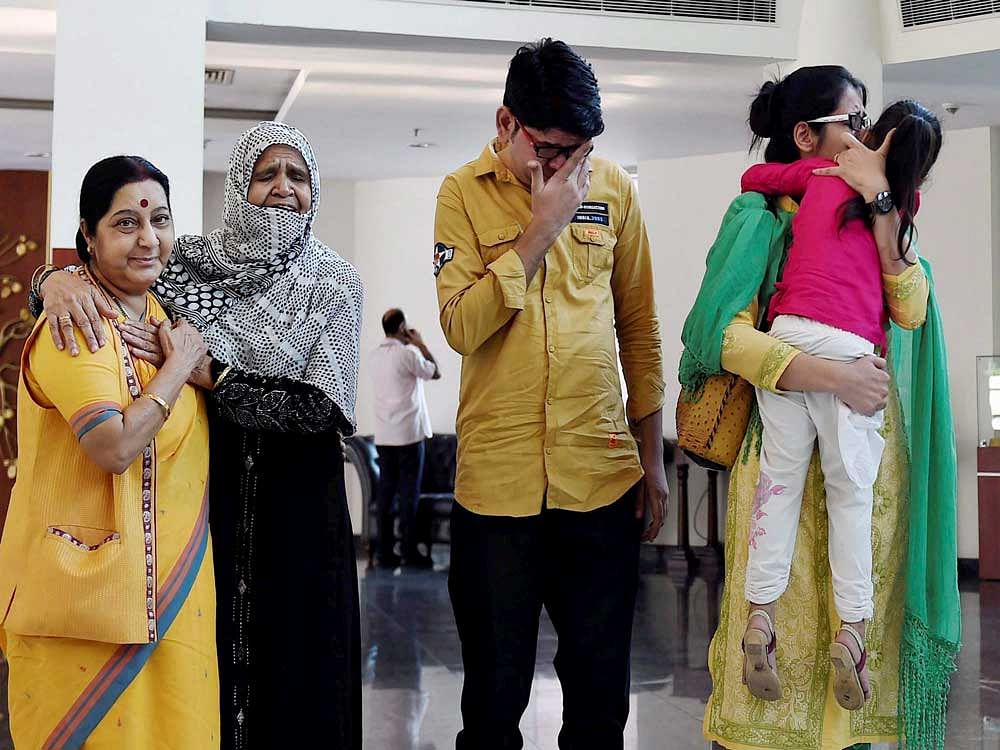 External Affairs Minister Sushma Swaraj looks on as Uzma Ahmed gets emotional while uniting with her family during a press conference at Jawahar Bhawan in New Delhi on Thursday. Uzma, who alleged that she was forced to marry a Pakistani man, was allowed to return India by the Islamabad High Court. PTI Photo
