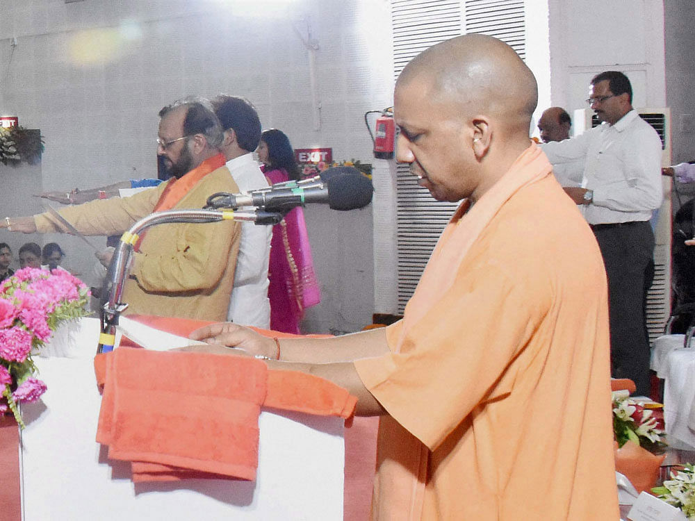 Yogi Adityanath addressing a gathering at the Ganga Sangam in Varanasi. Photo credit: PTI.